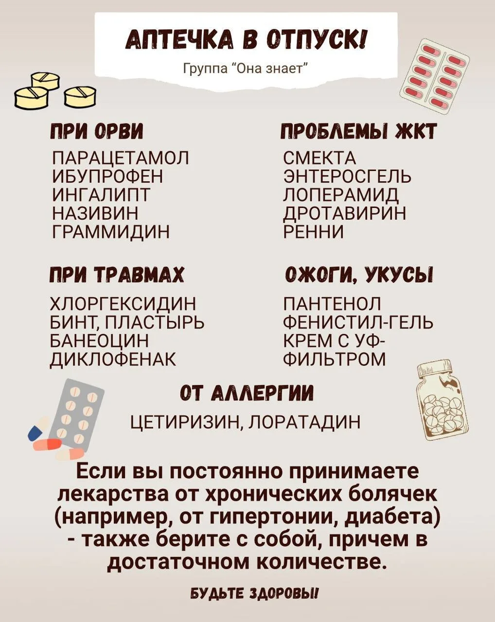 Аптечка в отпуск!

Канал «Она знает»