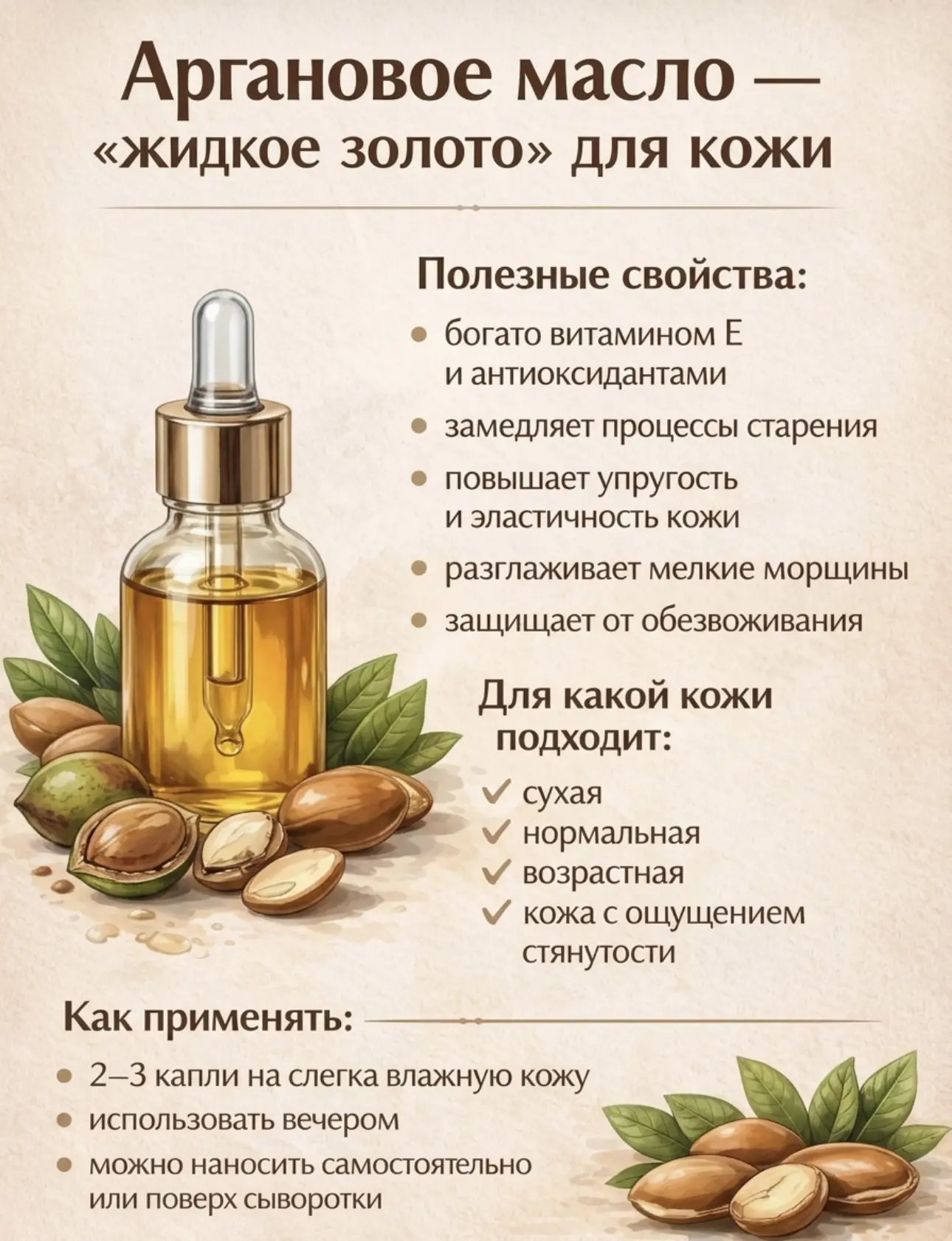 Аргановое масло — природный эликсир красоты с доказанным эффектом ✨

💛 Глубоко увлажняет кожу, насы