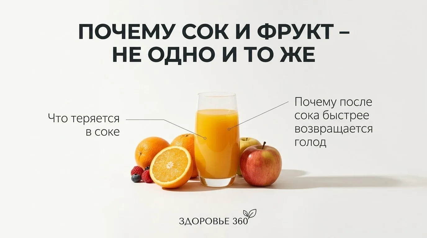 ПОЧЕМУ СОК И ФРУКТ — НЕ ОДНО И ТО ЖЕ 🍎🥤
Кажется логичным: если яблоко полезно, то и яблочный сок д