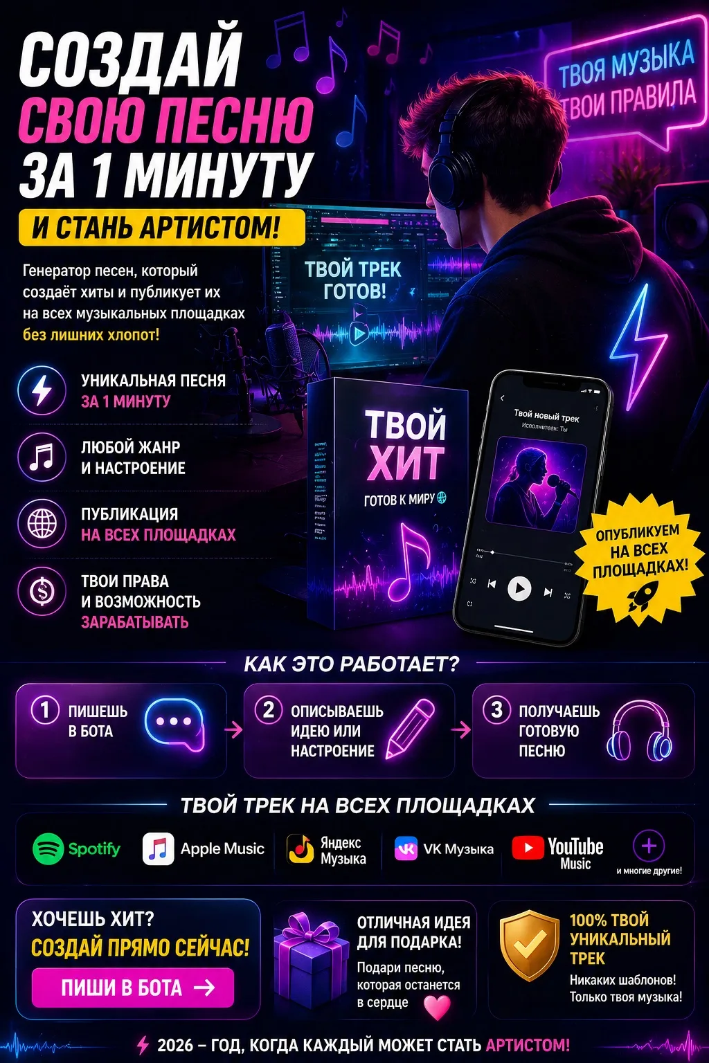 🎶 Создать песню за 1 минуту — и выпусти её как настоящий артист!

Хватит просто слушать песни и поп