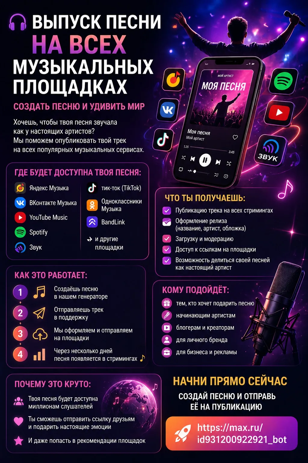 🎧 Выпуск песни на всех музыкальных площадках. Создать песню и удивить мир за 1 минуту.

Хочешь, что