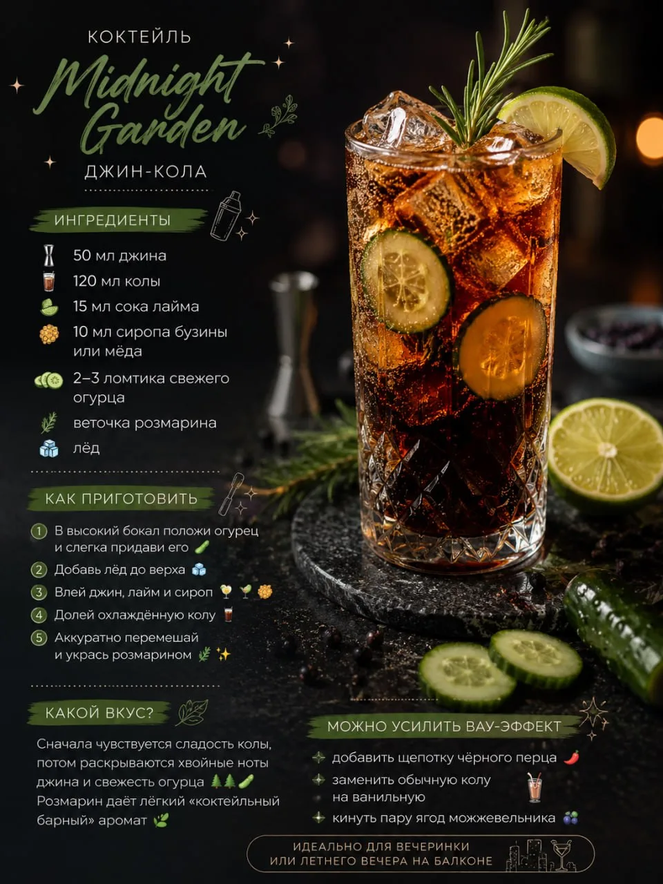 Необычный коктейль «Midnight Garden» 🍸🌿 на основе джина и колы — неожиданно свежий, пряный 😎

Инг