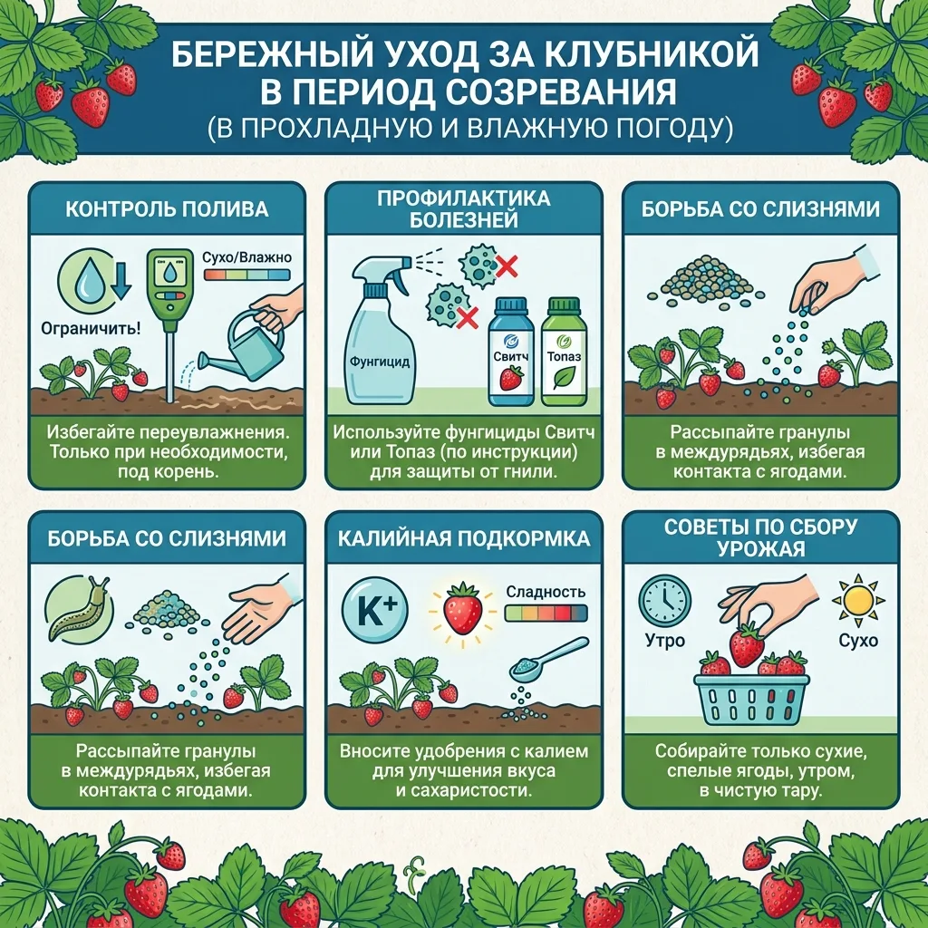 Правильный уход за клубникой прохладным и влажным летом

Если днём температура не выше 20∘C, а влажн