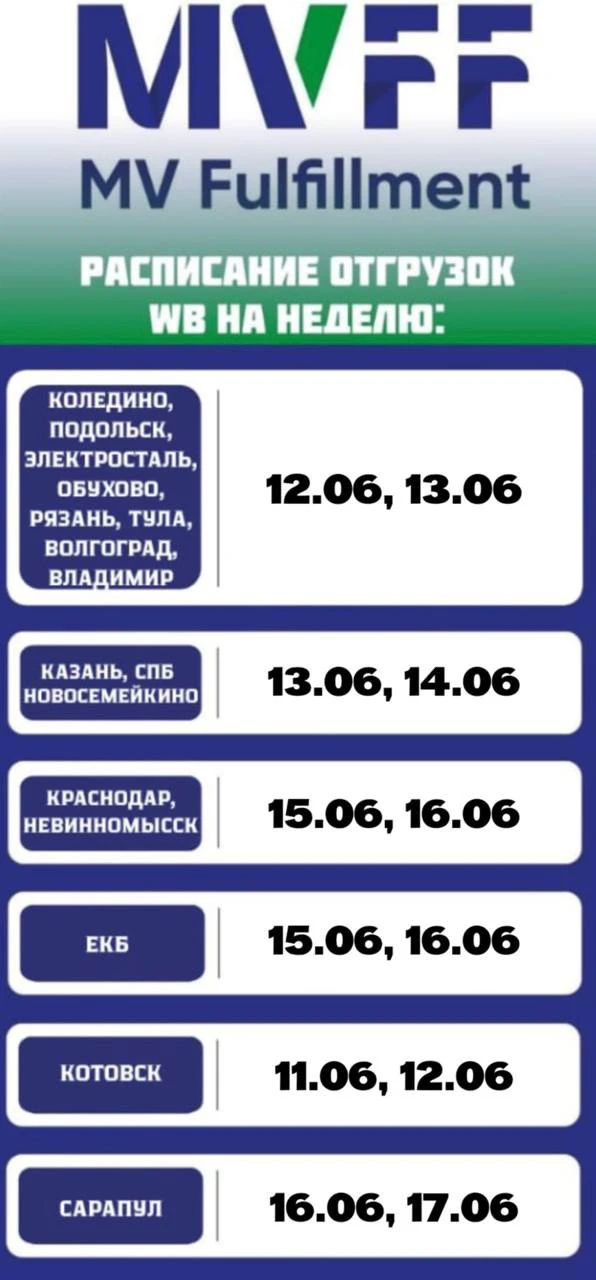 Расписание отгрузок на следующую неделю 🚛 

С уважением, команда MVFF!
____________________________