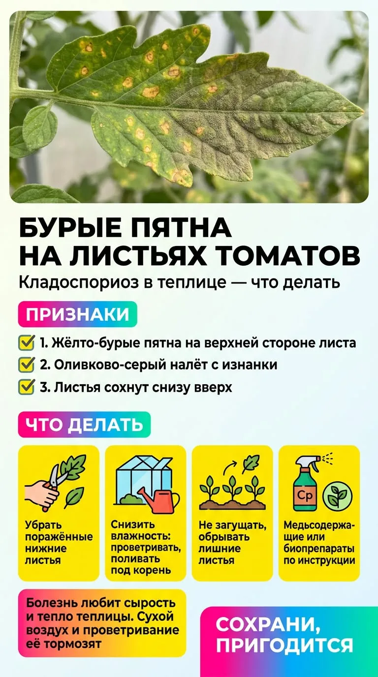 🌱 **Бурые пятна на листьях томатов: как спасти урожай?**

*Кладоспориоз — бич теплиц. Но не паникуй