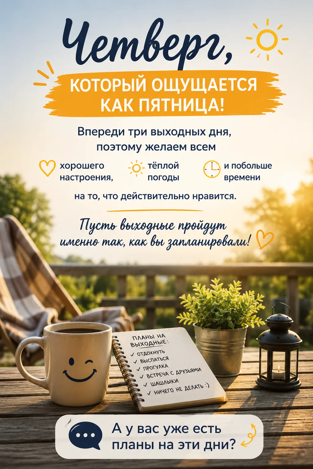 🎉 Четверг, который ощущается как пятница.

Впереди три выходных дня, поэтому желаем всем хорошего н