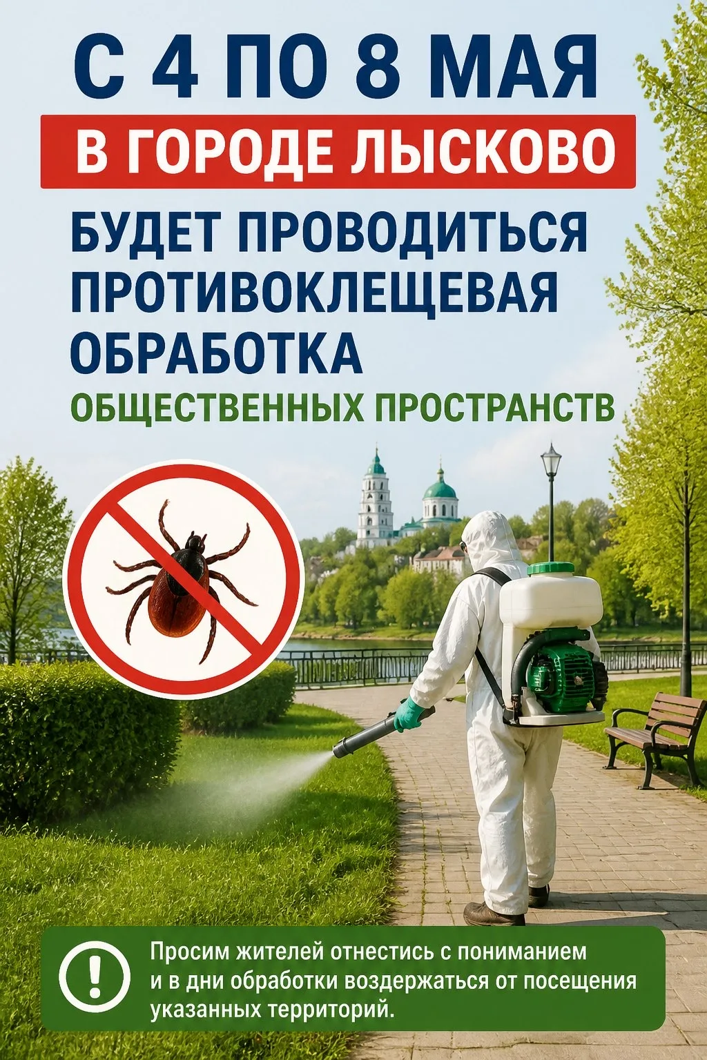‼️ ВНИМАНИЕ, ОБРАБОТКА ОТ КЛЕЩЕЙ ‼️ 

С 04 по 08 мая 2026 года на территории муниципалитета будет пр