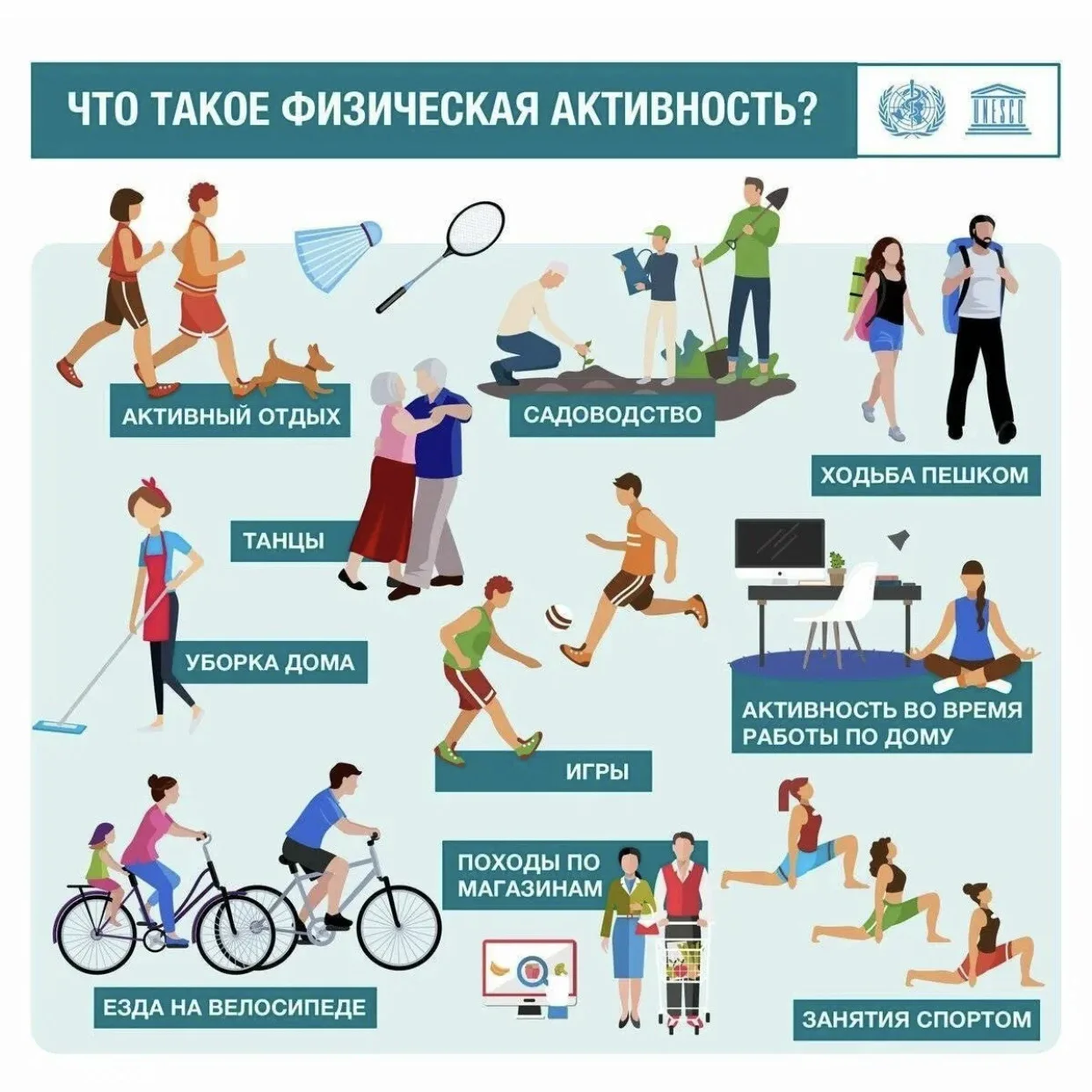 ✅Основные рекомендации по физической активности:
• минимум 150–300 минут умеренной физической активн