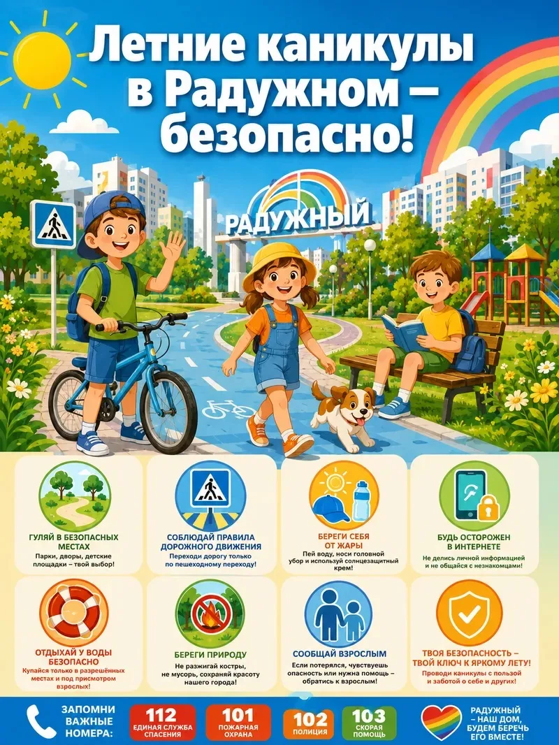 Дорогие жители!

Лето — время отпусков, прогулок и детских каникул. Чтобы отдых был безопасным и при