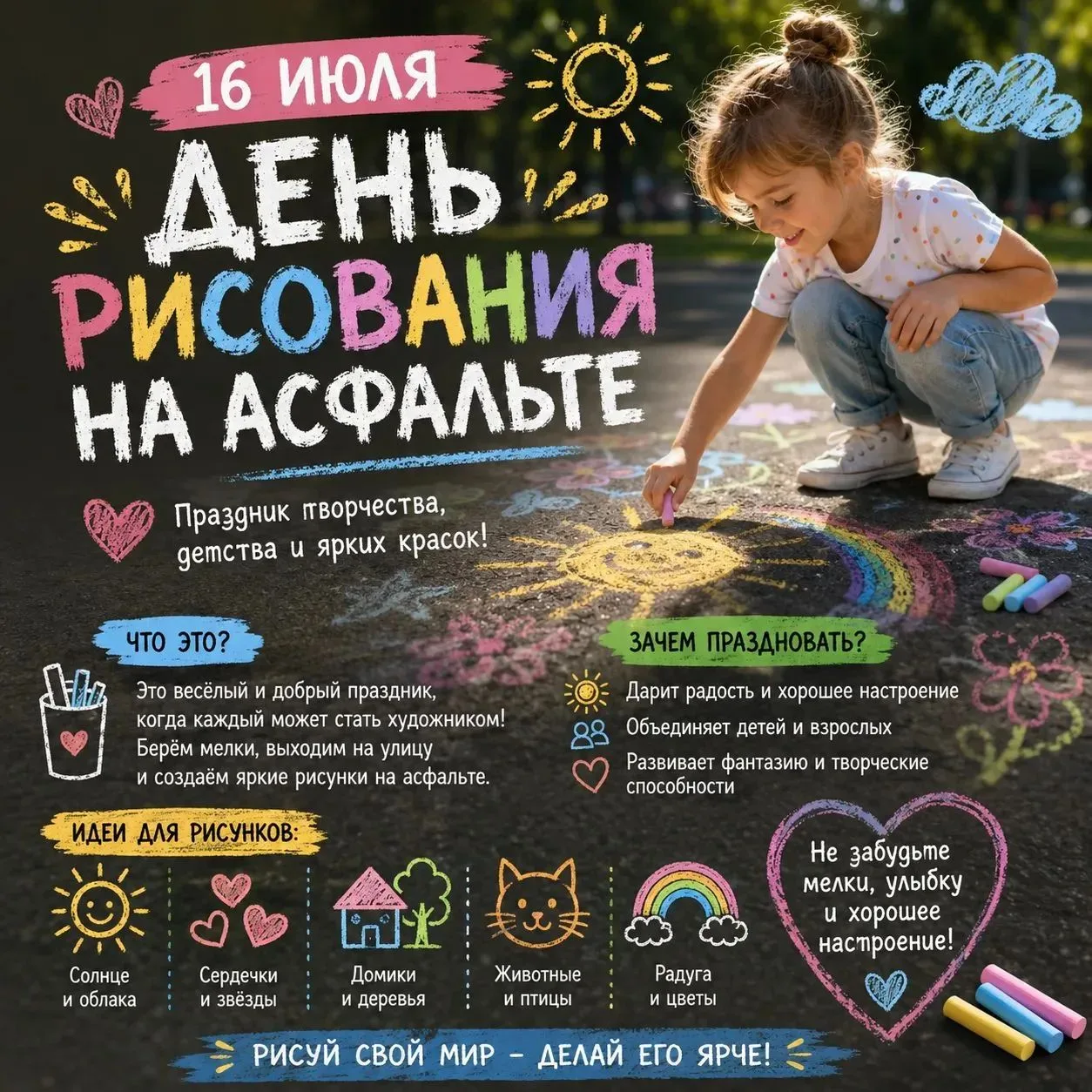 ☀️ Сегодня отмечается необычный праздник — День рисования на асфальте!

Кажется, что может быть прощ