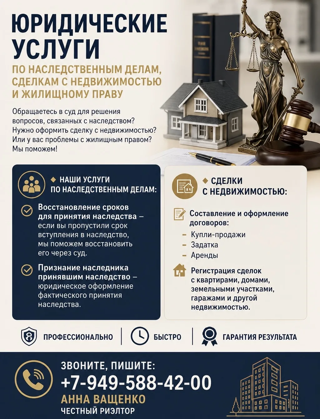 Юридические услуги по наследственным делам, сделкам с недвижимостью и жилищному праву  

Обращаетесь