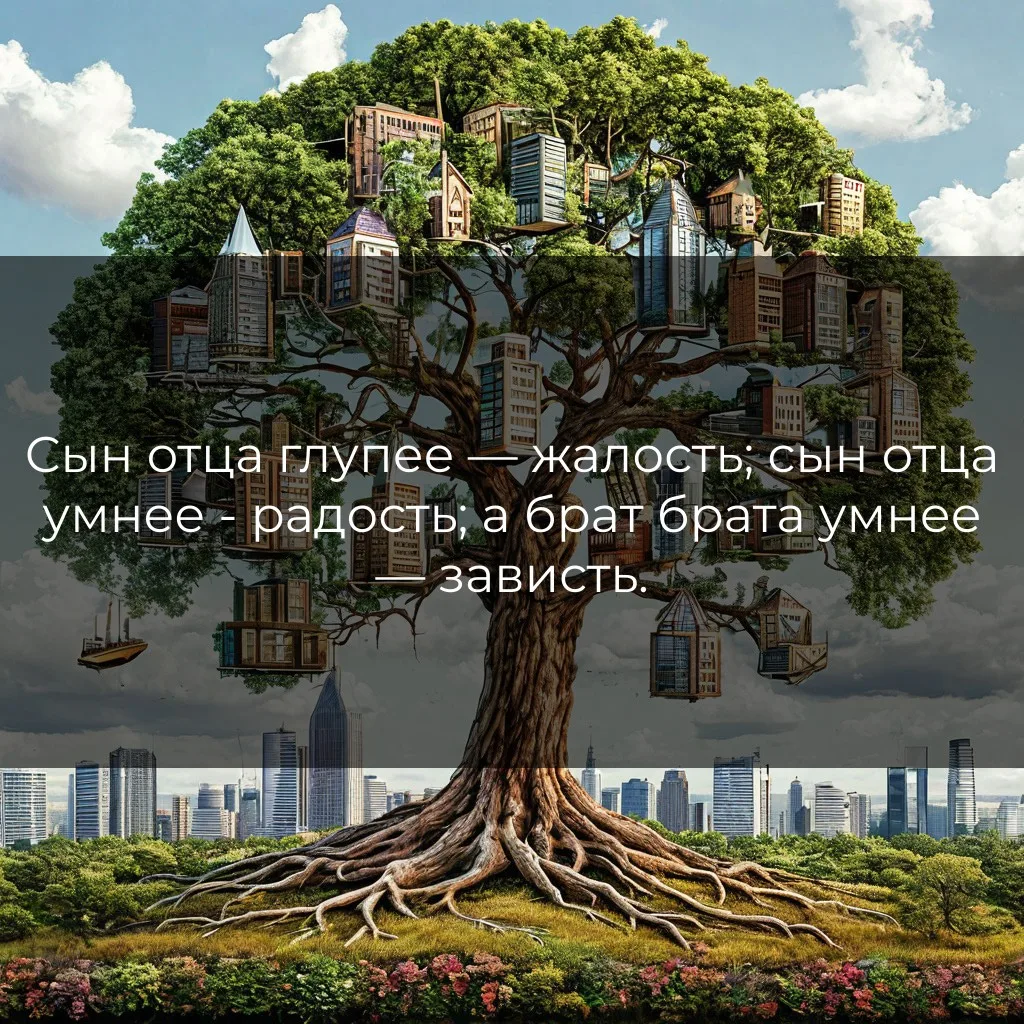 Сын отца глупее — жалость; сын отца умнее - радость; а брат брата умнее — зависть.

В народной мудро