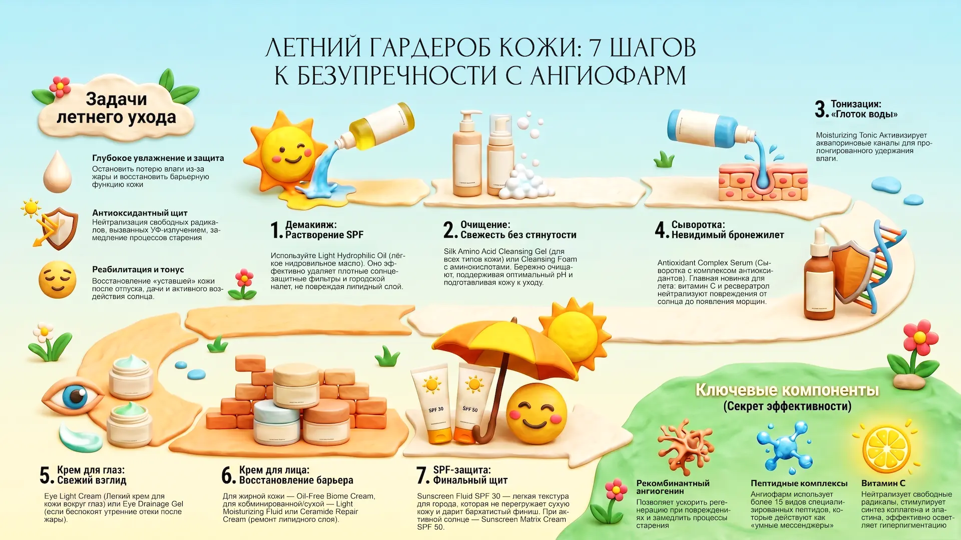 Летняя формула ухода!

Лето меняет ритм нашей жизни, а вместе с ним — и потребности кожи. Солнце, те