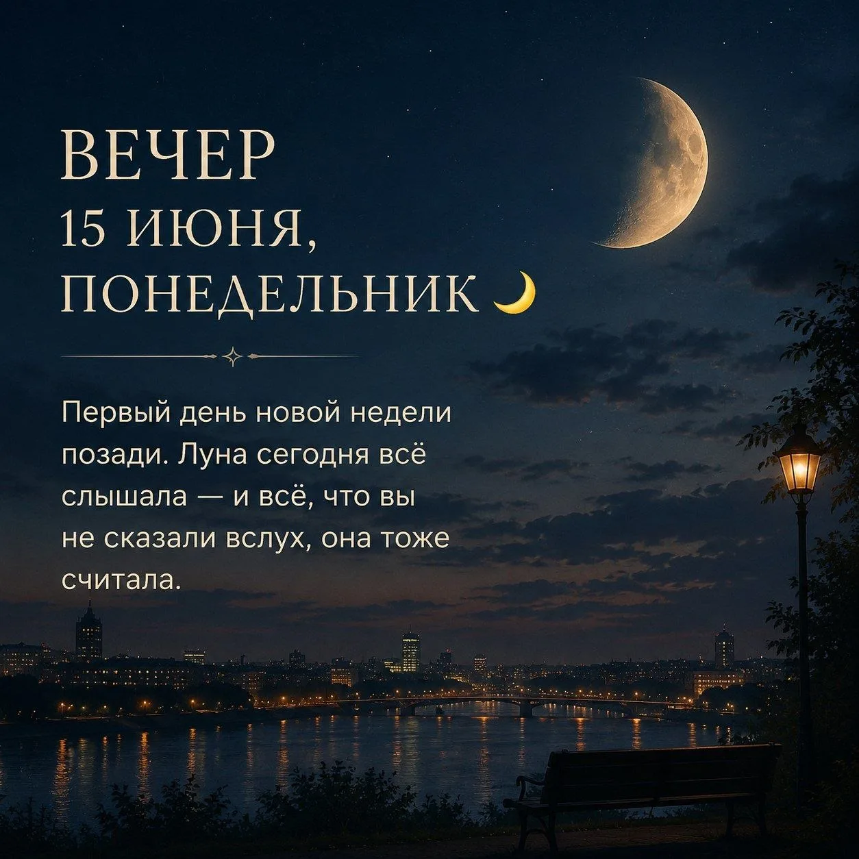 ВЕЧЕР 15 ИЮНЯ, ПОНЕДЕЛЬНИК 🌙

Тихого вечера, дорогие ✨

Первый день новой недели позади. Луна сегод