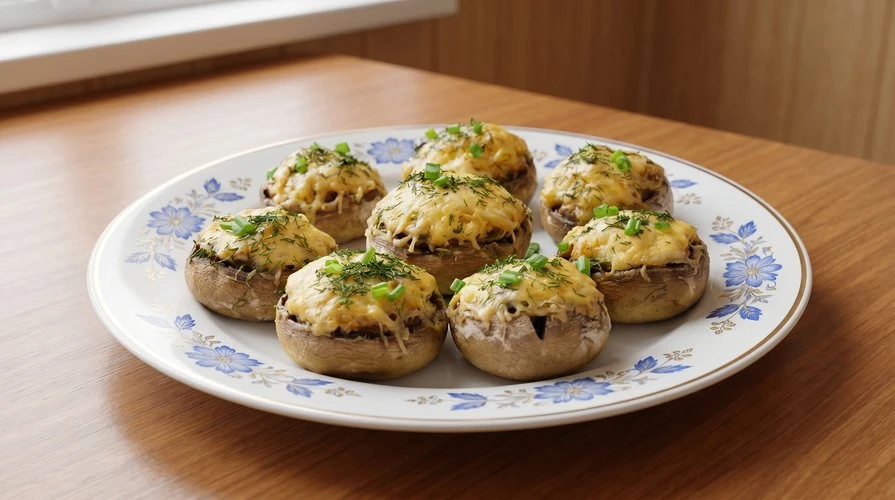 Грибы шампиньоны с курицей и сырной начинкой
— Сочные фаршированные шампиньоны с курицей, сыром и зе
