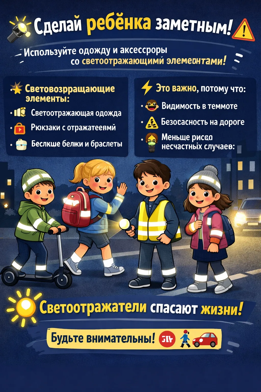 🌙✨ Сделай ребёнка заметным — сохрани его безопасность!
В тёмное время суток и при плохой погоде вод