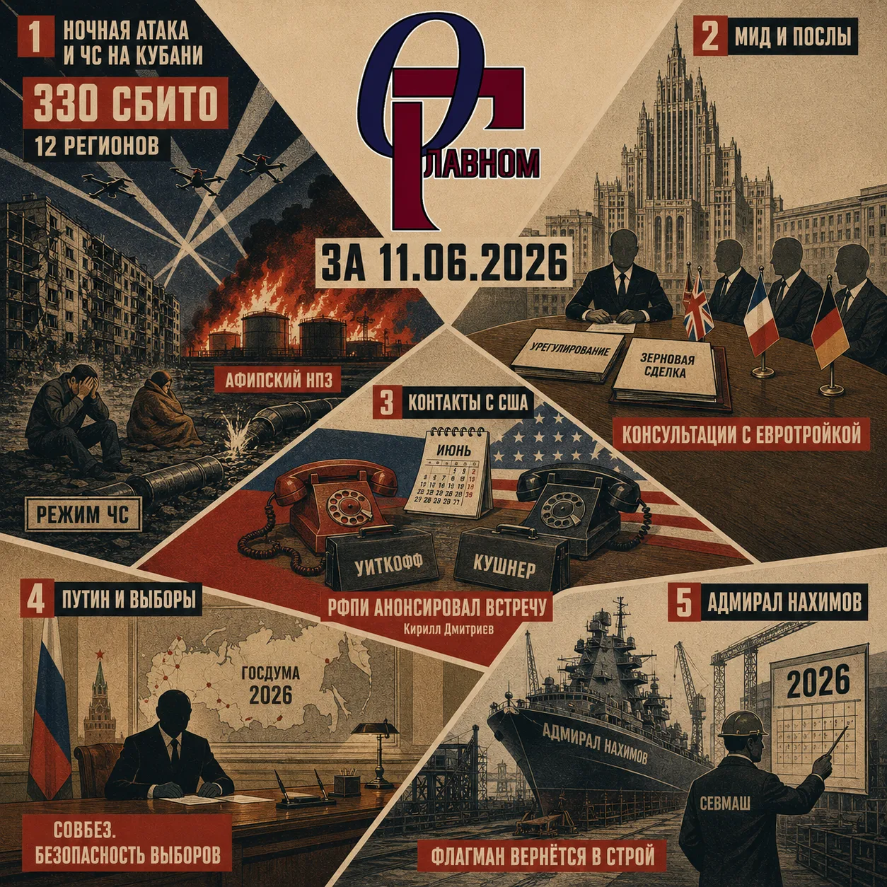 📆 О Главном за 11.06.2026

Четверг вместил рекордную ночную атаку с пожаром на НПЗ, дипломатические