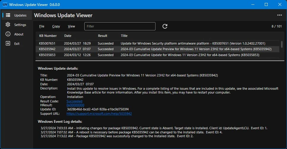Просмотрщик истории обновлений с детальным анализом

Windows Update Viewer — это простое приложение 