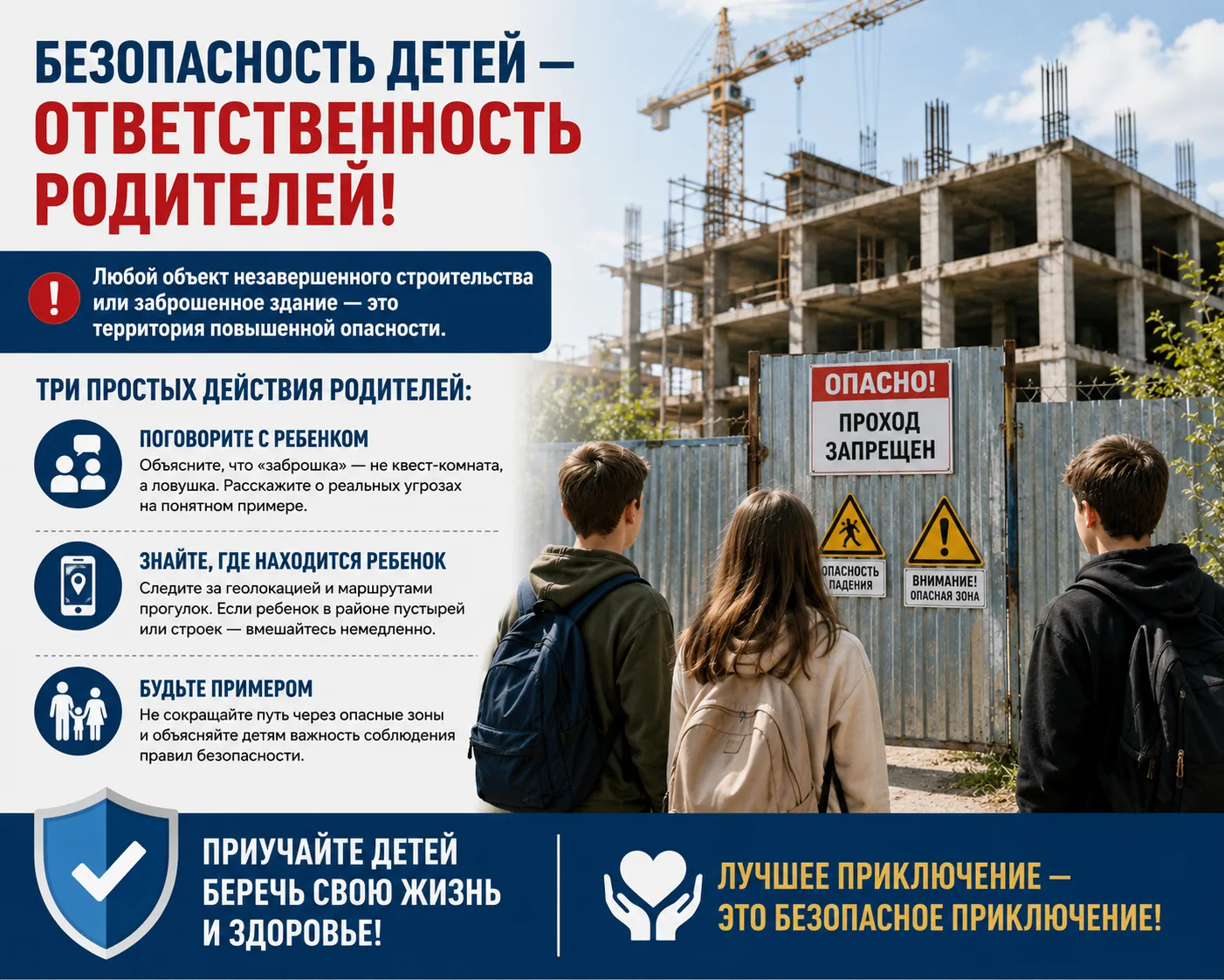 ⚠️ Уважаемые родители!
Любознательность и стремление к приключениям нередко приводят детей на строит