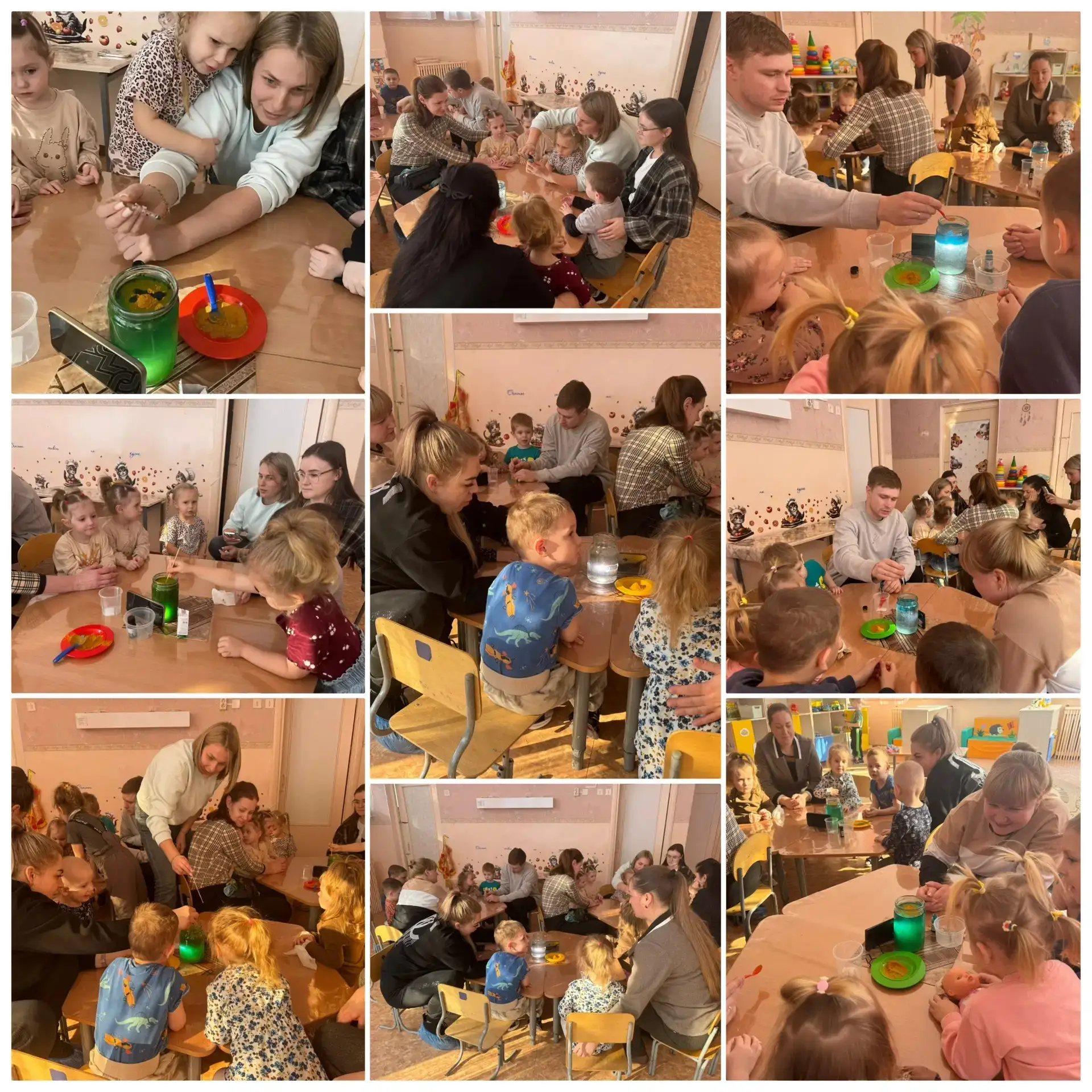 Дети из первой младшей группы вместе с родителями исследуют магию воды: 
опыты с зелёнкой и куркумой