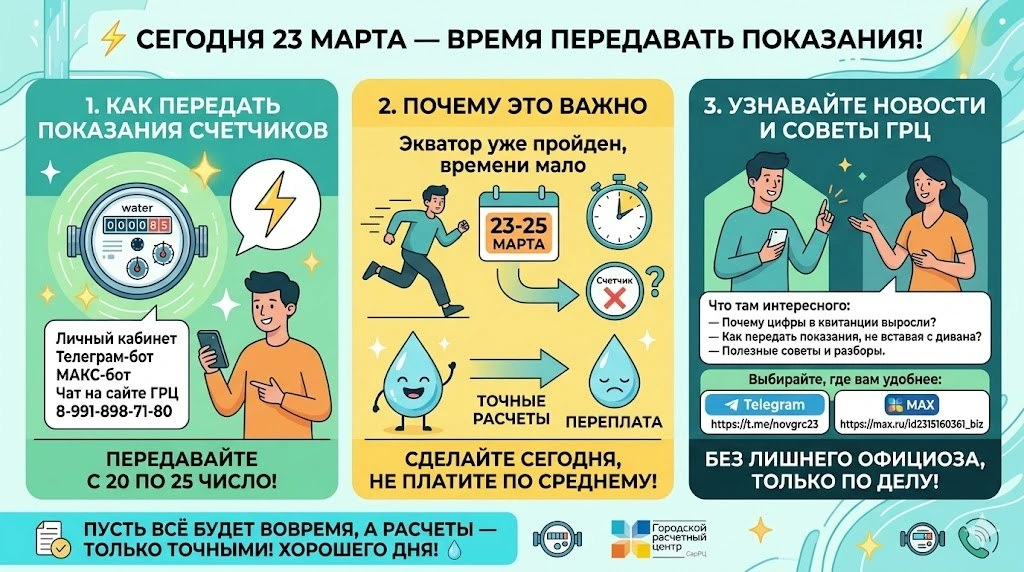 ⚡️ Сегодня 23 марта — самое время передать показания счетчиков!

Друзья, период приема данных в само