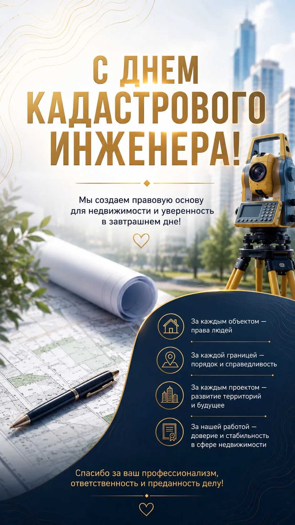Уважаемые коллеги!

Поздравляю вас с профессиональным праздником - Днем кадастрового инженера!

Наша