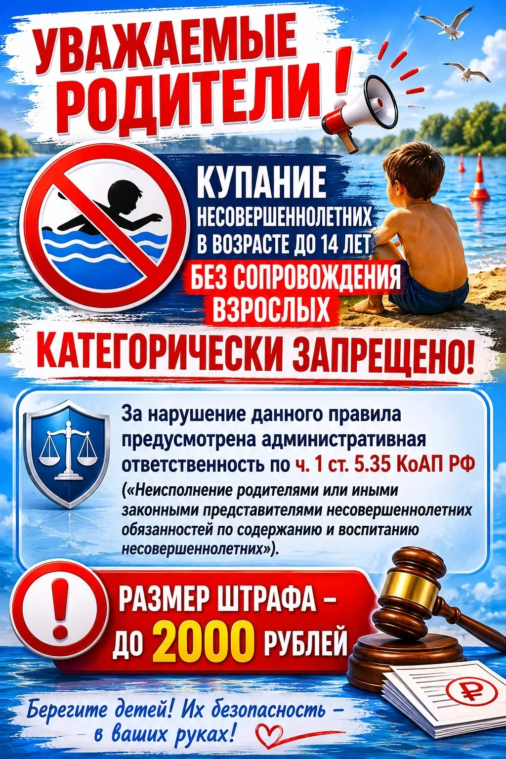 Информация о недопустимости купания на водоёмах несовершеннолетних до 14 лет без сопровождения родит
