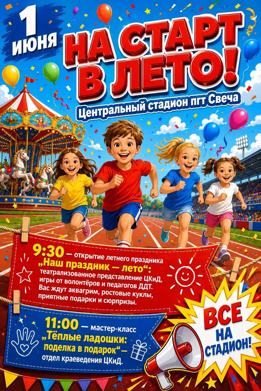 🎈1 ИЮНЯ — НА СТАРТ В ЛЕТО!🎈⁣
Дети и родители, приглашаем вас на яркое открытие лета!
⁣
Вас ждёт:
О