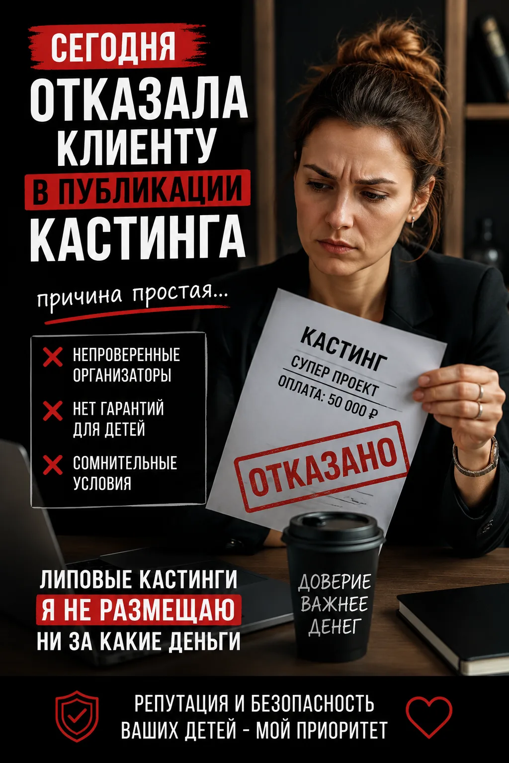 Сегодня я  отказала клиенту.... 





Сегодня я отказала клиенту в публикации кастинга. 

Причина пр