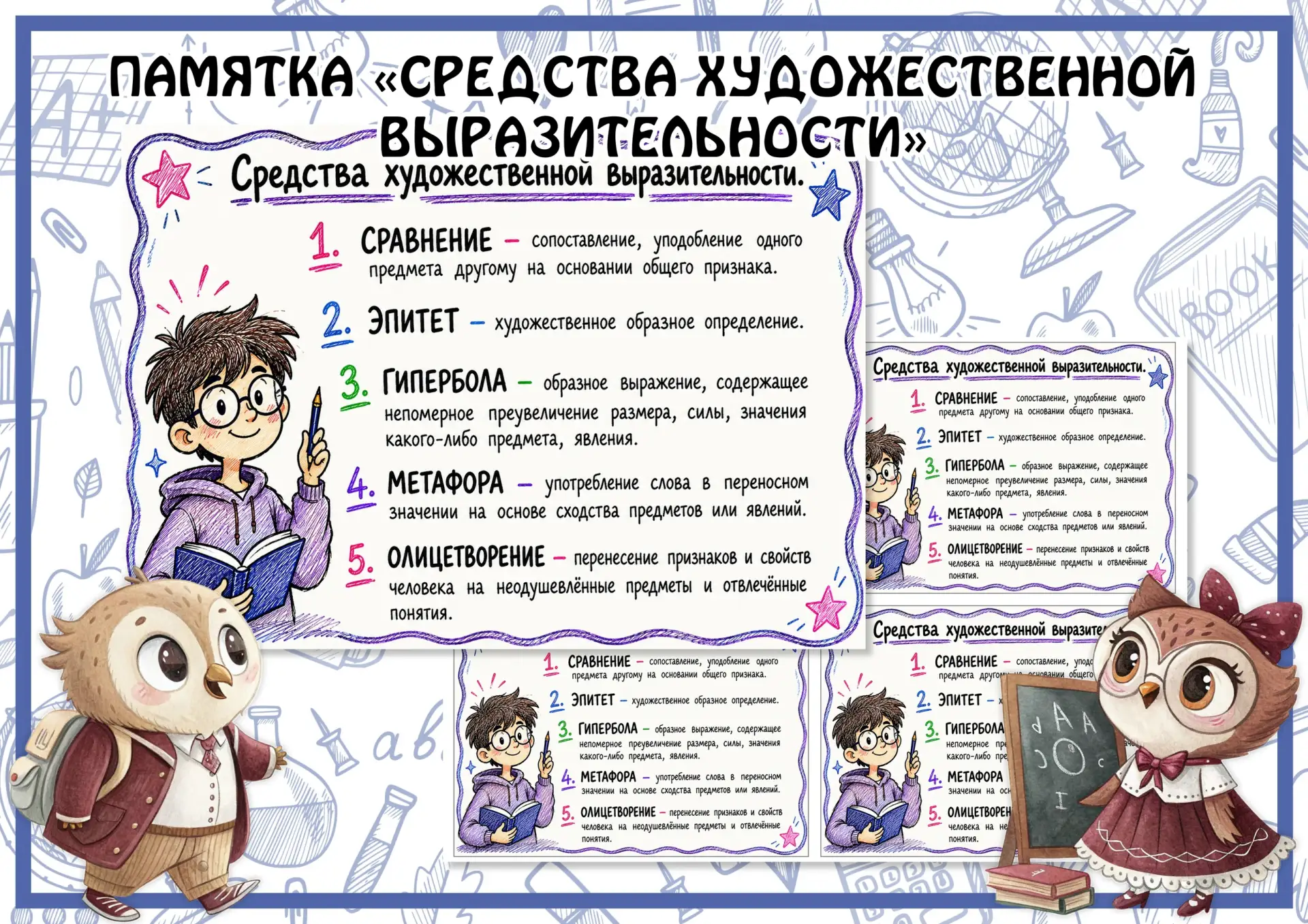 📑 ПАМЯТКА «СРЕДСТВА ХУДОЖЕСТВЕННОЙ ВЫРАЗИТЕЛЬНОСТИ»
✏ формат для доски и вклейки
Начальная школа. К