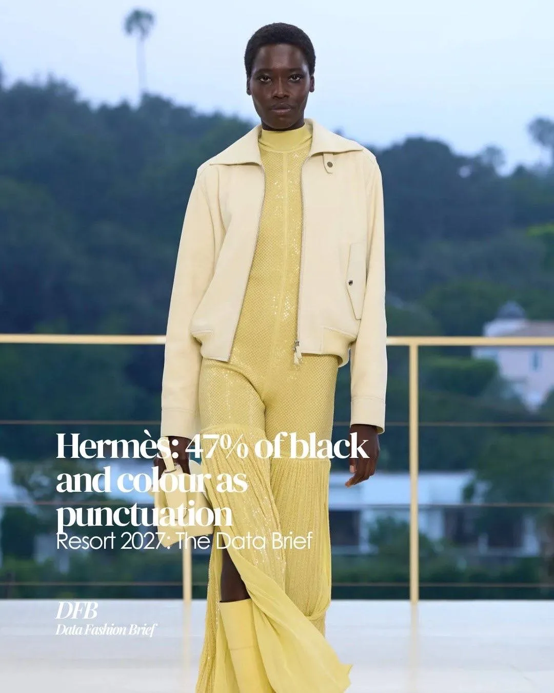 Hermès Resort 2027 — про чёрный как базу и цвет как акцент.  
Почти 47% коллекции — чёрный, но главн