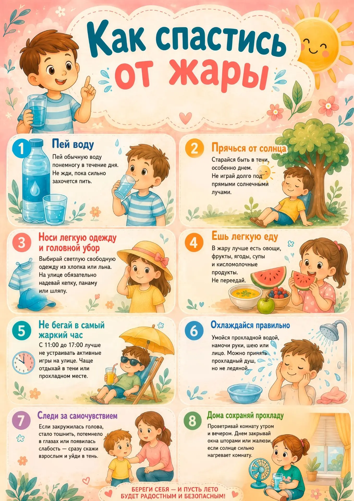 Лето в разгаре! Как не перегреться в жару?

8 простых правил:
✅ Сколько и когда пить воду
✅ Как одев