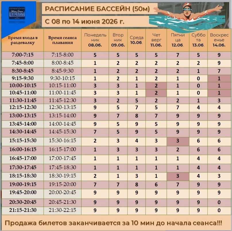 ✅ИЗМЕНЕНИЯ В РАСПИСАНИИ СЕАНСОВ СВОБОДНОГО ПЛАВАНИЯ (БАССЕЙН 50М) В ПЕРИОД С 08 по 14 ИЮНЯ 2026 ГОДА