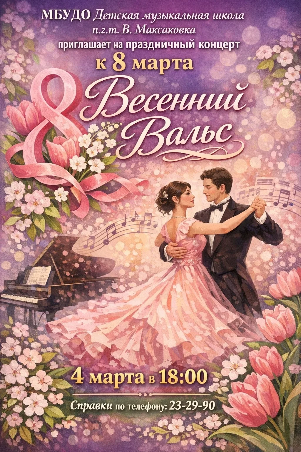 🌸 Приглашаем на праздник весны! 🌸

Дорогие женщины, мамы и бабушки! МБУДО Детская музыкальная школ