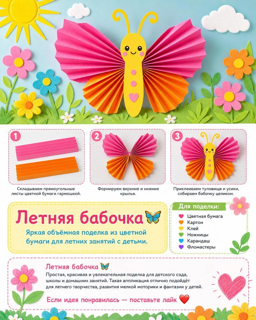 Летняя бабочка 🦋

Яркая объёмная поделка из цветной бумаги для летних занятий с детьми дома, в саду