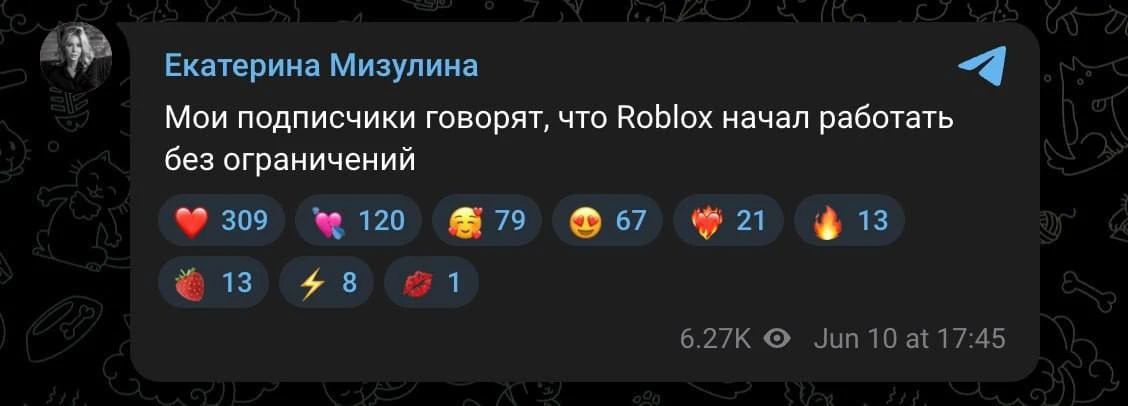 Roblox начал работать в России без ограничений — об этом сообщает Екатерина Мизулина.
