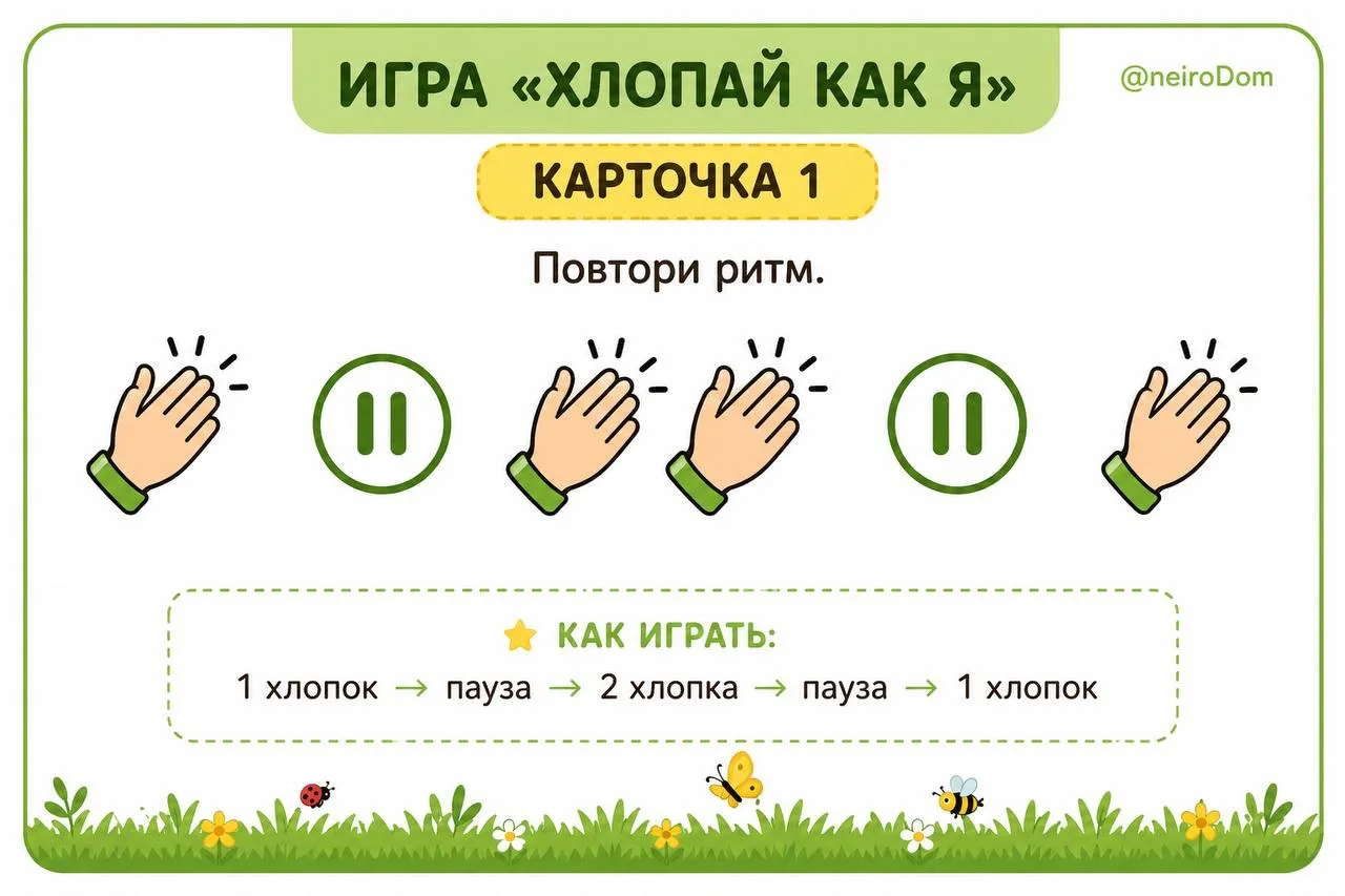 👏 Игра «Хлопай как я»

Ребёнок повторяет ритмические последовательности по карточкам: хлопает, дела
