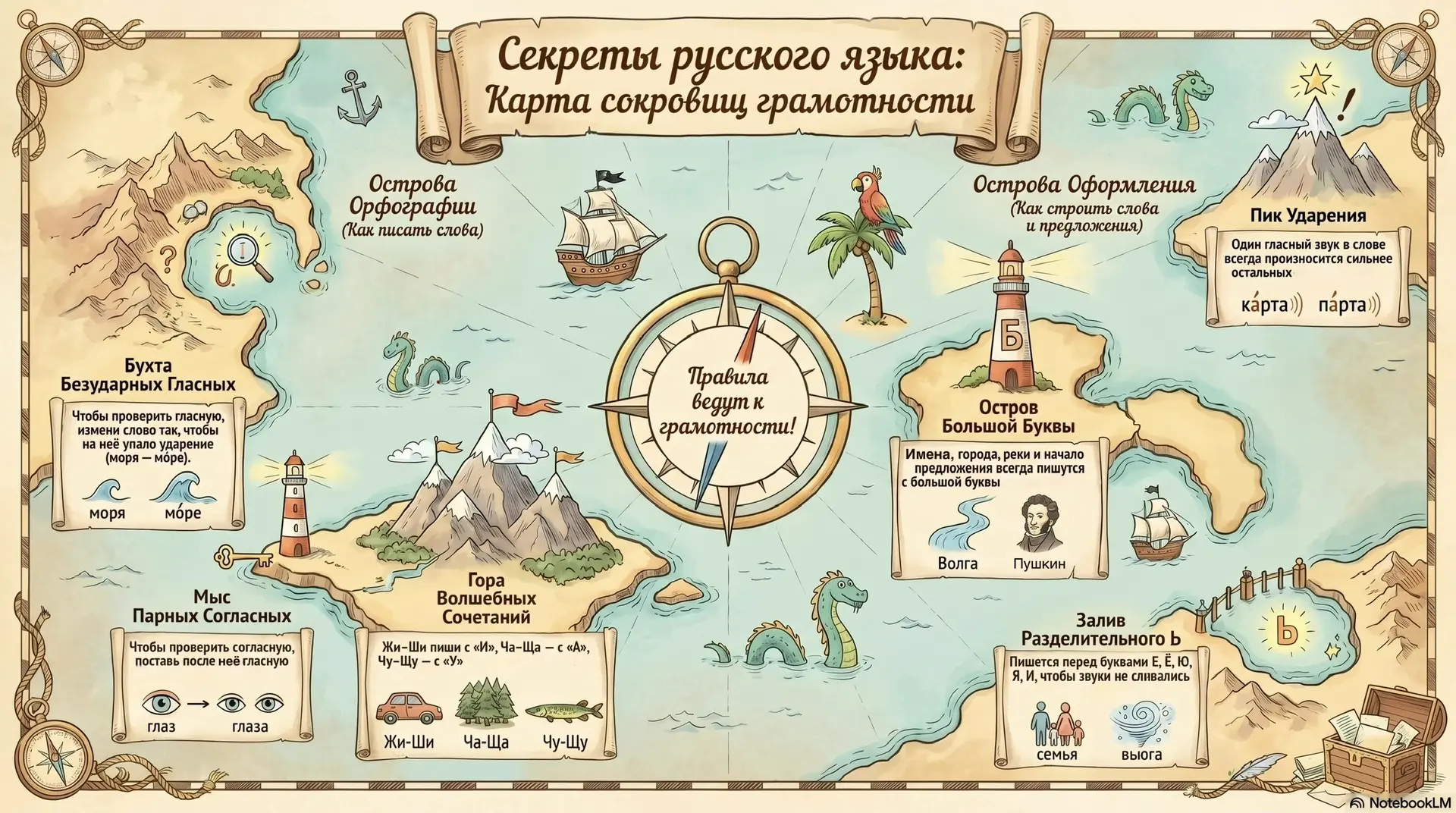 Инфографика по русскому языку в виде «Карты сокровищ грамотности», где каждая тема — новый остров с 