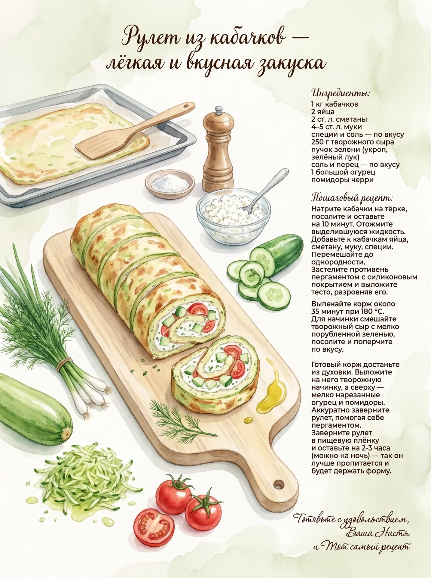 🥒 Рулет из кабачков — лёгкая и вкусная закуска

Нежно, свежо и очень аппетитно — такая закуска укра