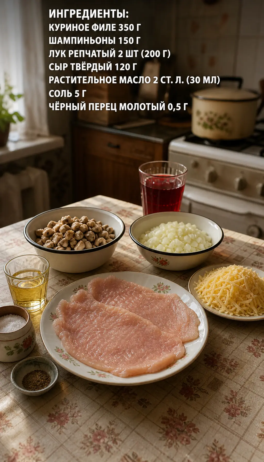 Куриные рулетики с грибами
из старой тетрадки 🥣

Ингредиенты:
Куриное филе — 350 г
Шампиньоны — 150