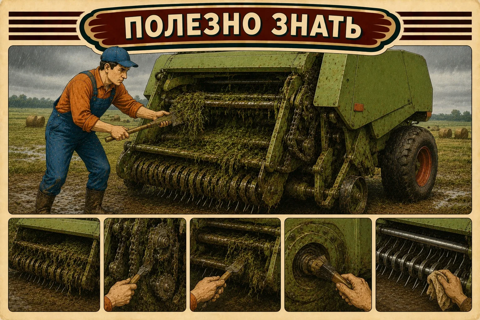 Мокрая трава прилипает к узлам? Проверь очистку
Влага быстро превращает налипшую массу в комки и заб