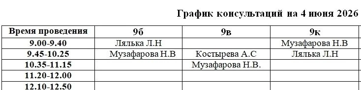 💥  Внимание! График консультаций для учеников 9-х классов на 4 июня