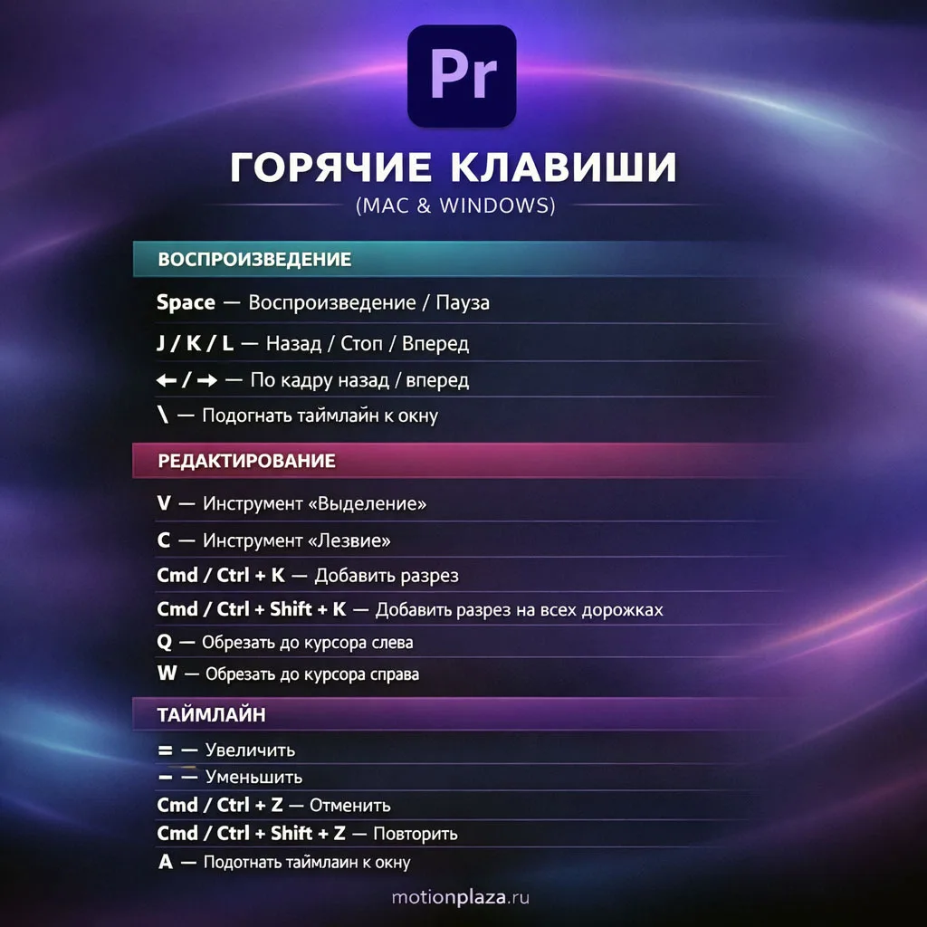 Сохраняйте шпаргалки по горячим клавишам After Effects и Premiere Pro.
В карточках — основные сочета