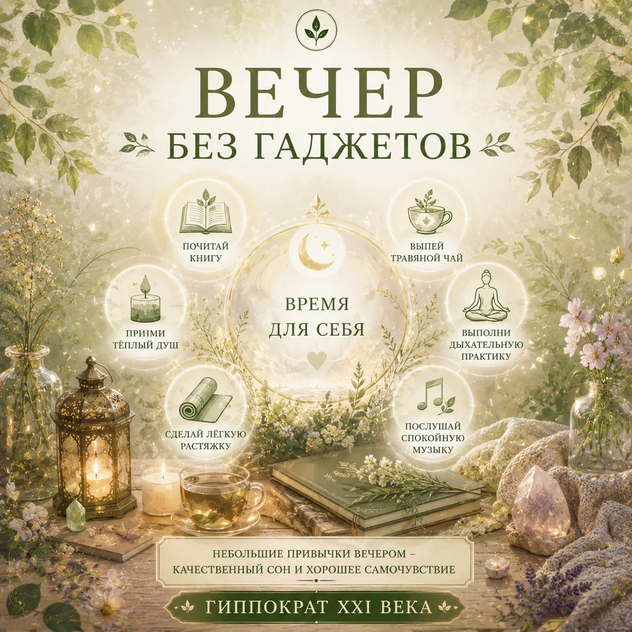 🌿 Вечер без гаджетов

Постоянный просмотр телефона перед сном может мешать организму полноценно рас