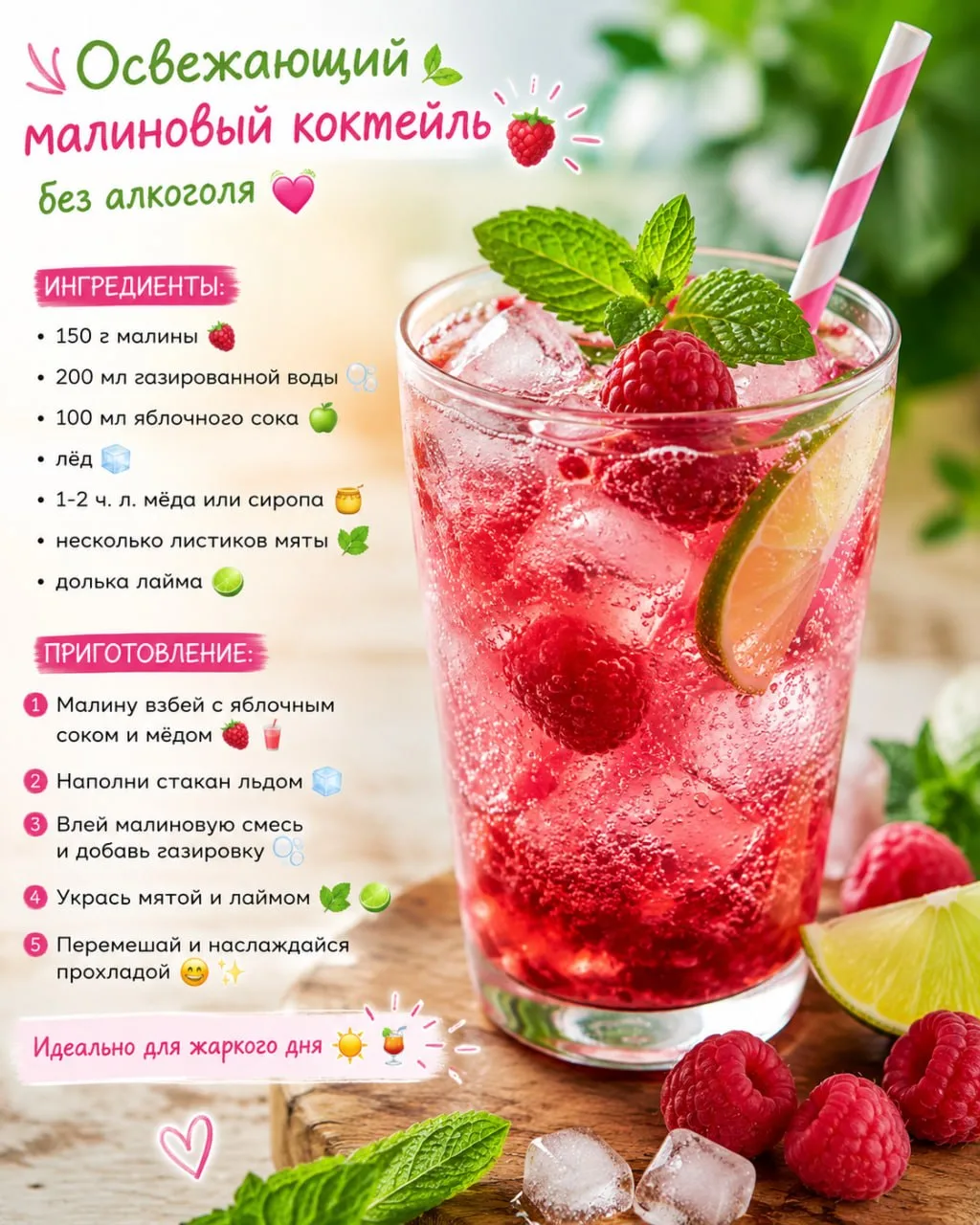🍓❄️ Освежающий малиновый безалкогольный коктейль 🍹✨

Ингредиенты:

150 г свежей или замороженной м