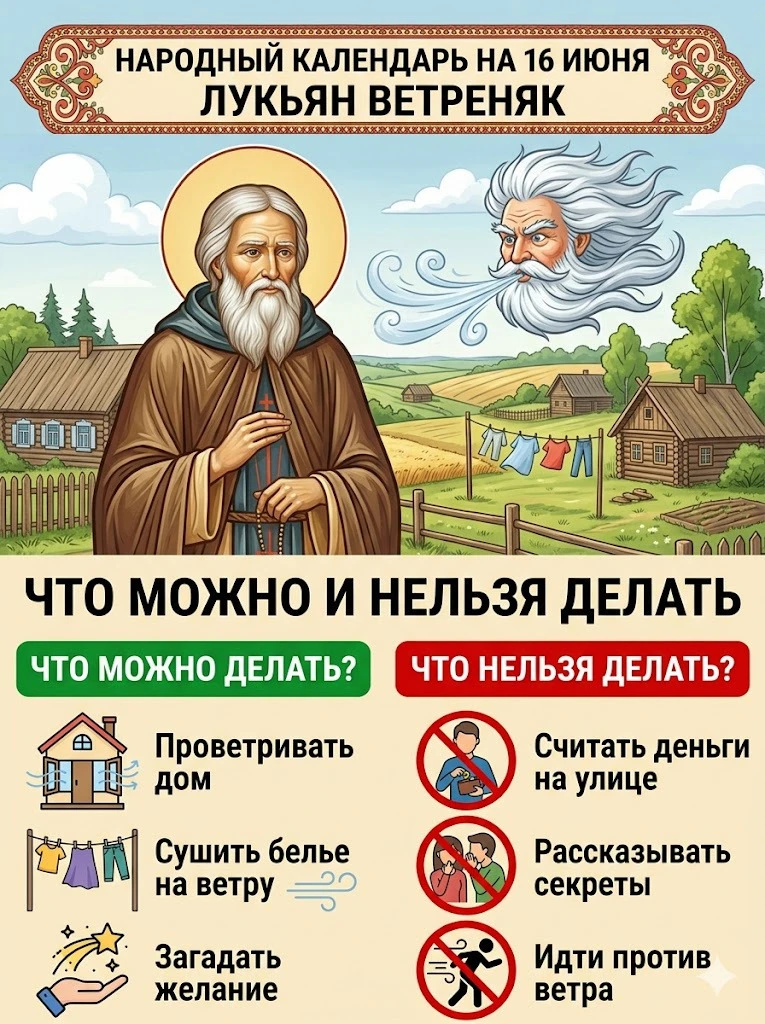 🌿💨 Народный календарь на 16 июня: Лукьян Ветреняк 💨🌿

16 июня в народном календаре — день, когда