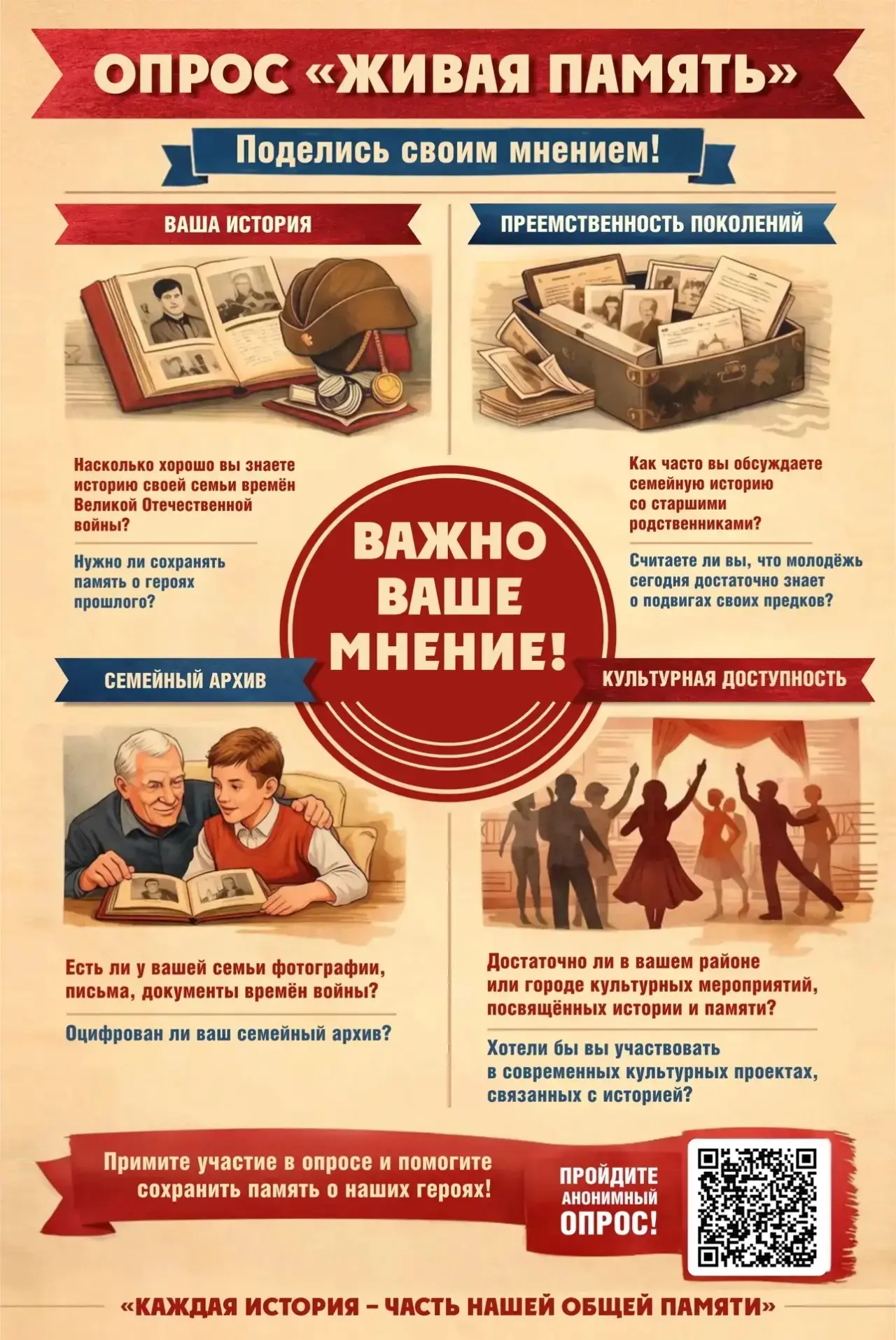 ОПРОС «ЖИВАЯ ПАМЯТЬ»

Каждая семья хранит свою историю. Каждая история – часть нашей общей памяти.
М