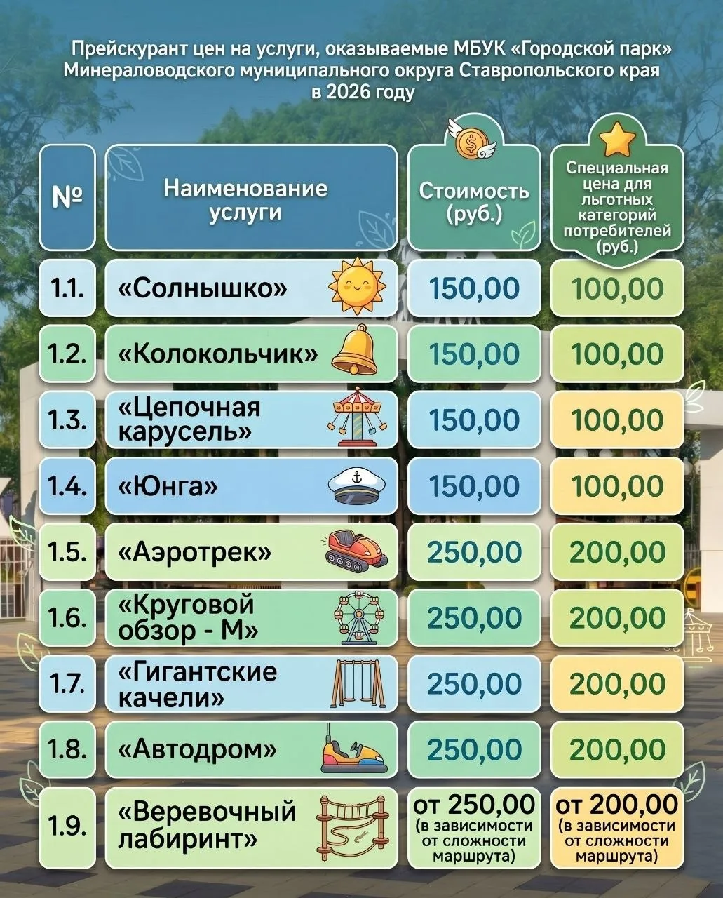Прейскурант цен на прокат аттракционов на 2026 год