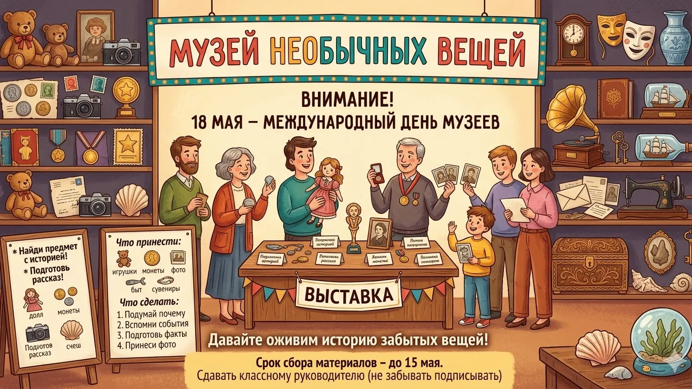 «МУЗЕЙ НЕОБЫЧНЫХ ВЕЩЕЙ»
ВНИМАНИЕ!
18 мая - Международный день музеев.
Предлагаем ВАМ принять активно