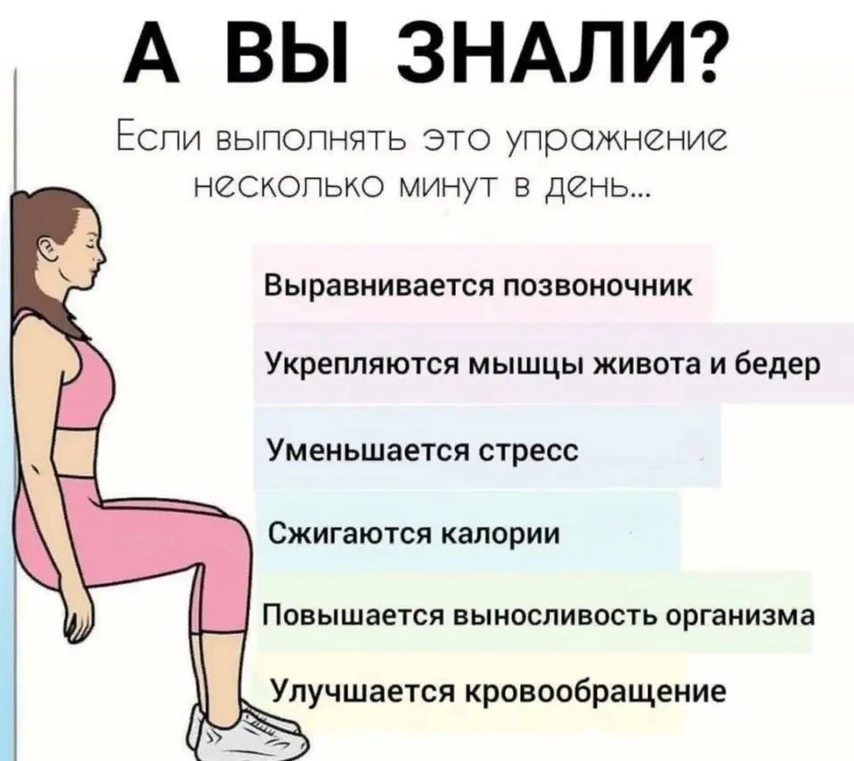 Упражнение «Стульчик»

Всего несколько минут в день помогают:
• укреплять мышцы бедер и ягодиц
• улу